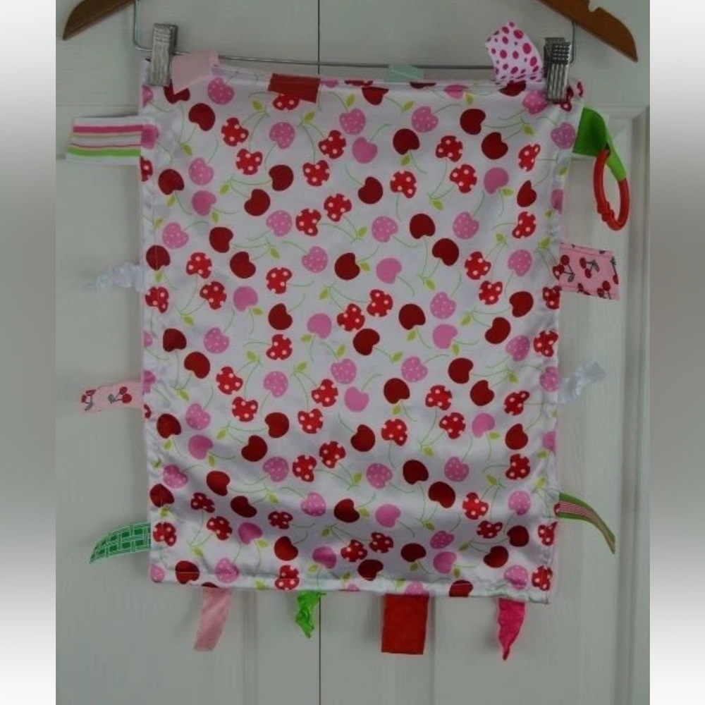 Baby Jack Lovey Security Blanket Cherry Print Sensory Ribbon Tab Toy Red Pink